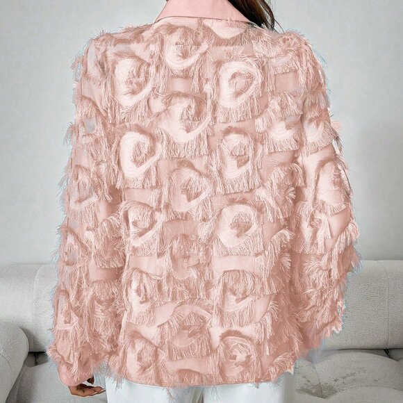 Baby Pink Casual Women's Ruffle Blouse With Fringe Detail - Picture 2 of 7